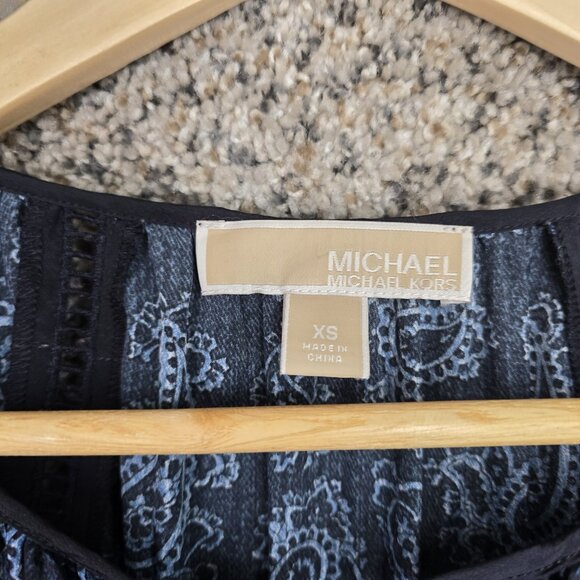 Michael Kors Top‎ Womens XS Blue Paisley Print Oversized Peasant Blouse Neck Tie - Picture 6 of 7